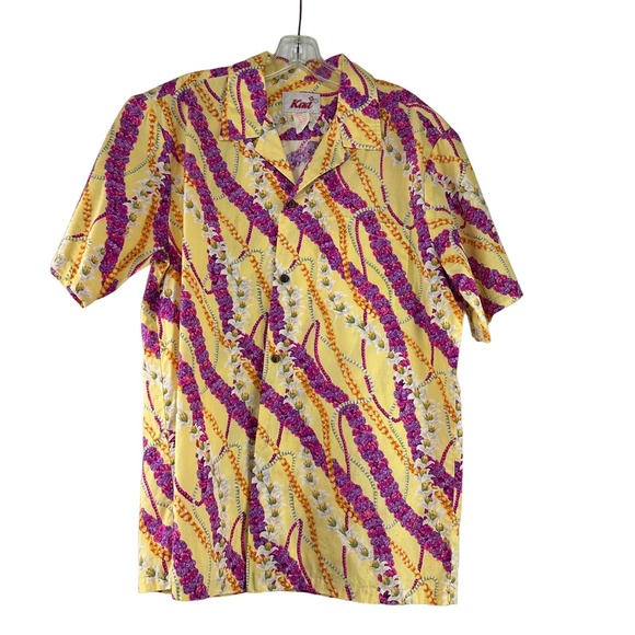 Kad Made In Hawaii Button Up Shirt Mens Size L Yellow Purple Floral Short Sleeve - Picture 1 of 3